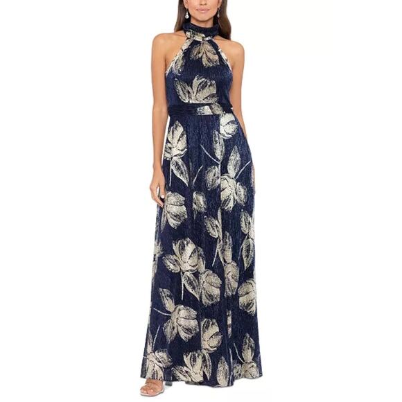 NEW NWT Betsy & Adam Women's Metallic-Print Halter Gown size 10 Navy Gold - Picture 1 of 7